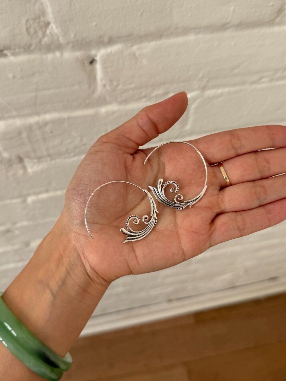 Silver Floral Hoop Earrings Boho Dangle Statement